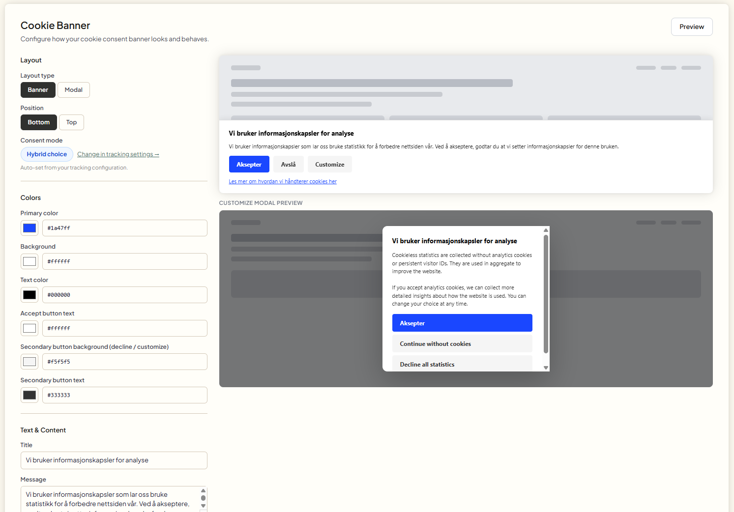 Tilpasning av cookie-banner i Nlytics Insights